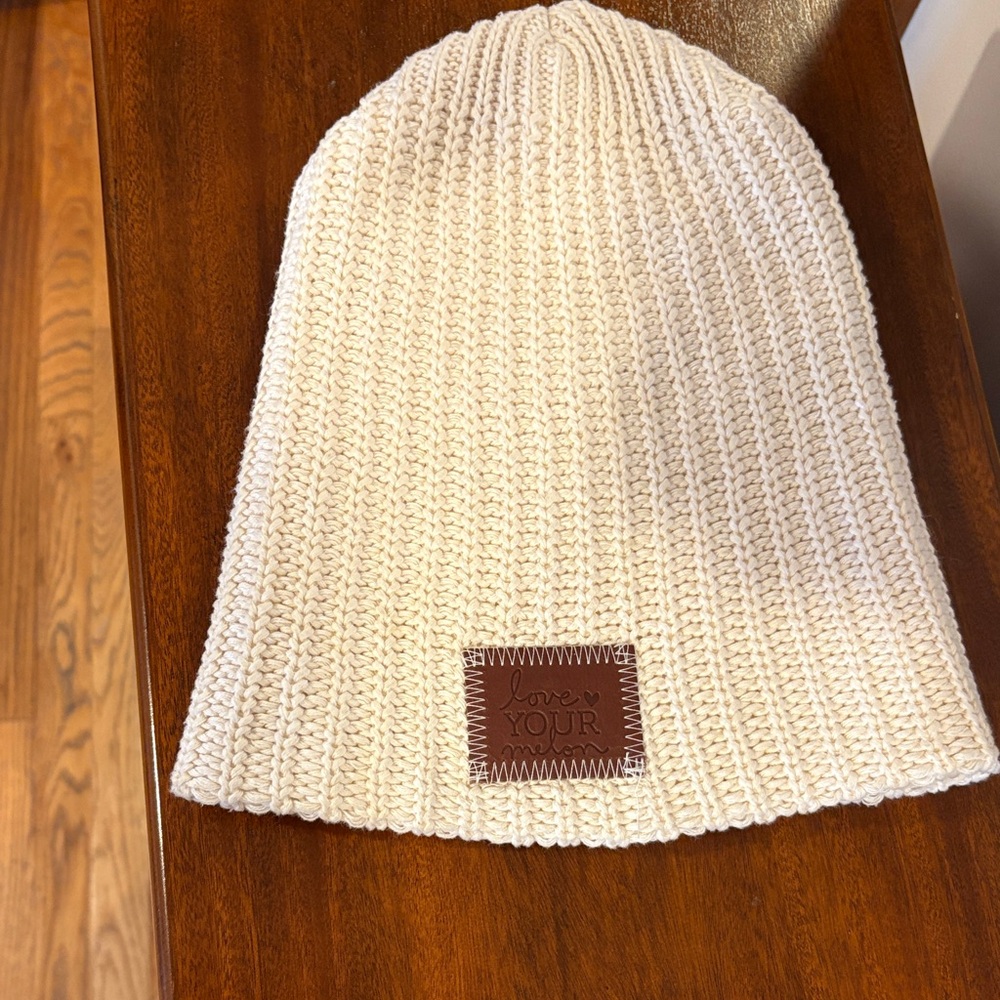 Love Your Melon Cream Knit Beanie with Brown Patch